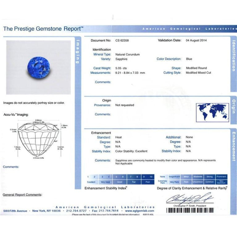 AGL 5.05 Carat Round Blue Sapphire Diamond Platinum Engagement Ring – image 3