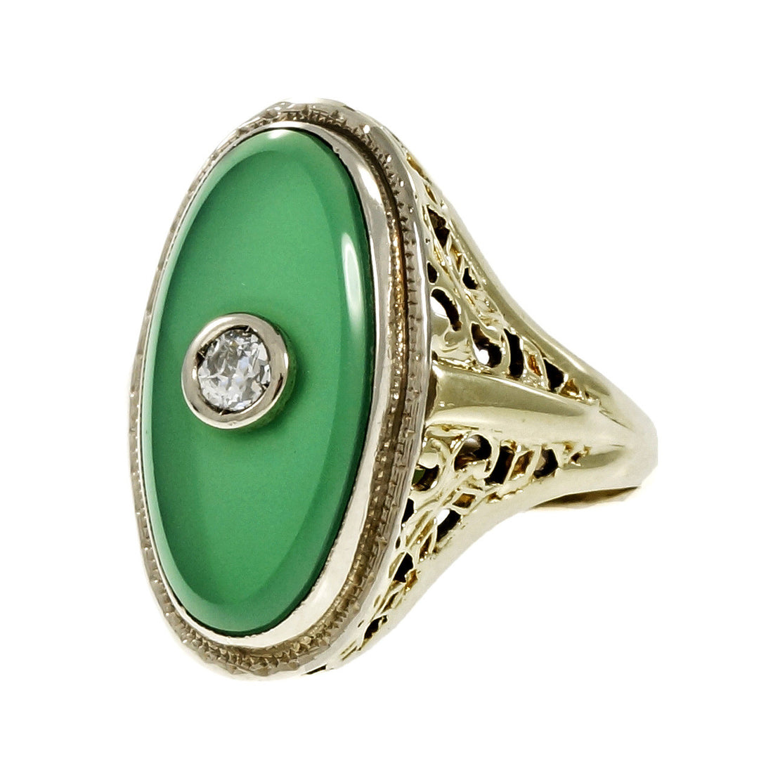 Vintage 1930 Art Deco Filigree Green Onyx Diamond Ring 18k Gold – image 3