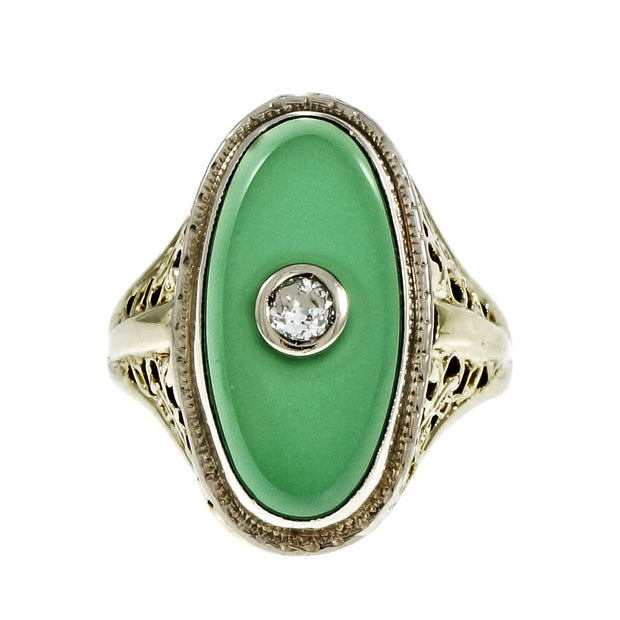 Vintage 1930 Art Deco Filigree Green Onyx Diamond Ring 18k Gold