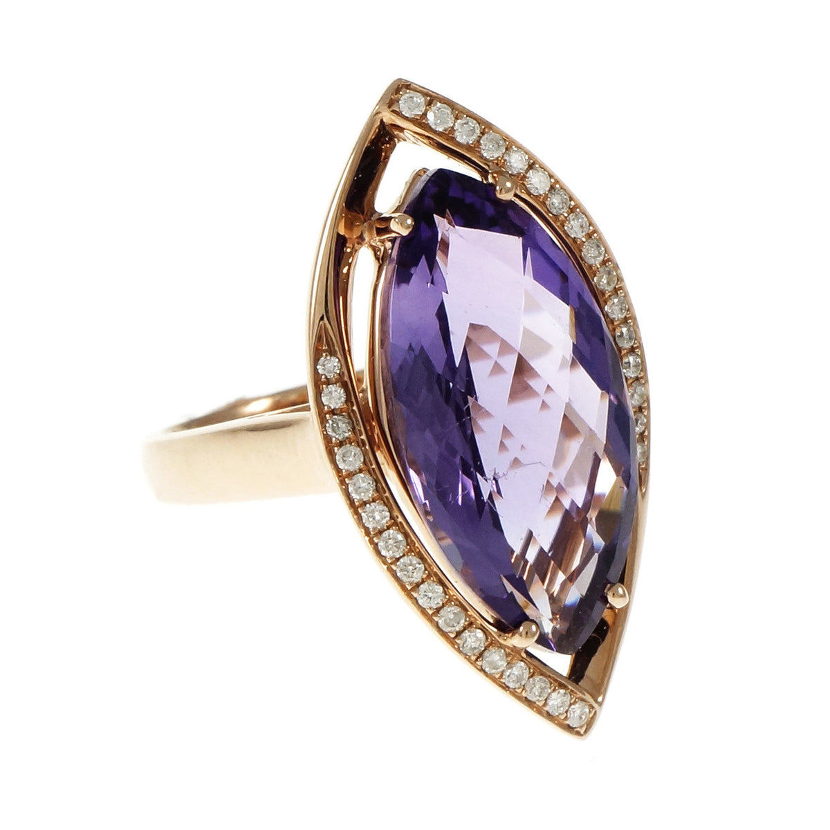 Estate Marquise Amethyst Diamond Ring 14k Pink Gold – image 2