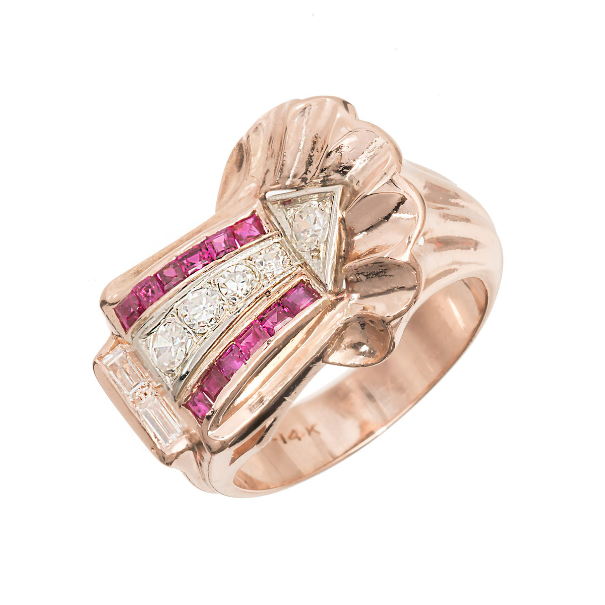 Ruby Diamond Rose White Gold Arrow Design Cocktail Ring circa 1930s