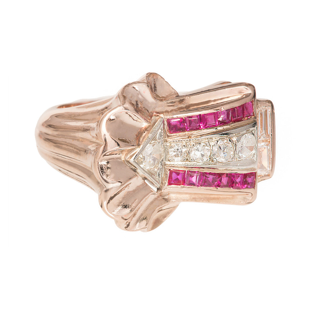 Ruby Diamond Rose White Gold Arrow Design Cocktail Ring circa 1930s – image 2