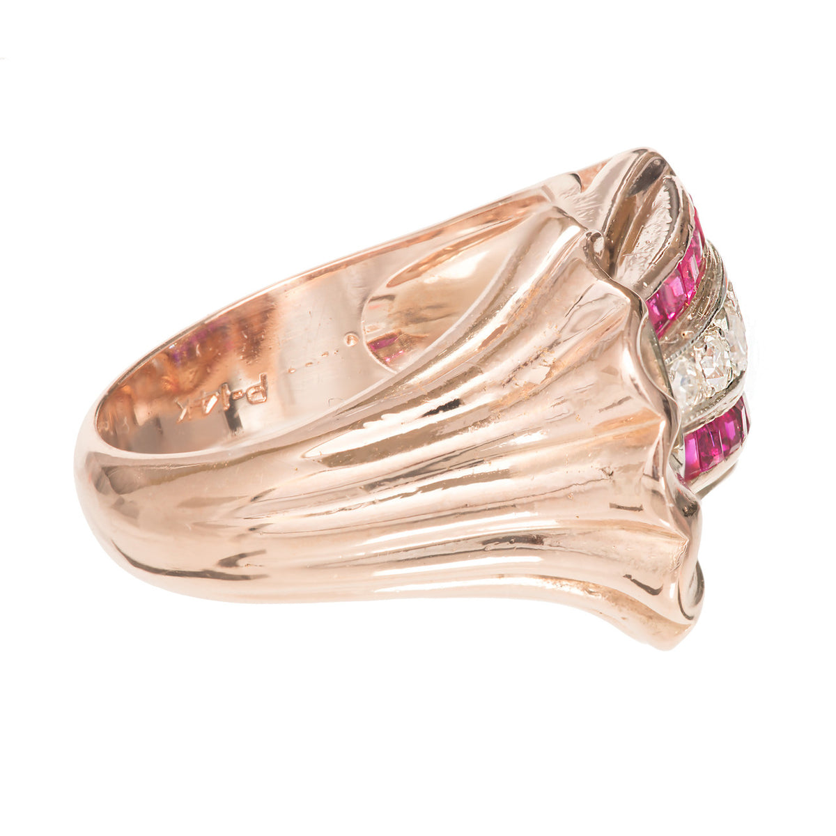 Ruby Diamond Rose White Gold Arrow Design Cocktail Ring circa 1930s – image 3