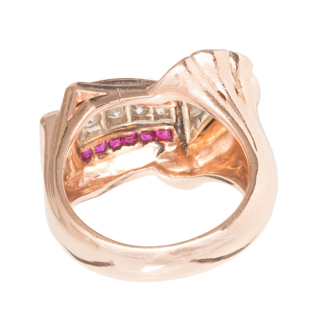 Ruby Diamond Rose White Gold Arrow Design Cocktail Ring circa 1930s – image 4