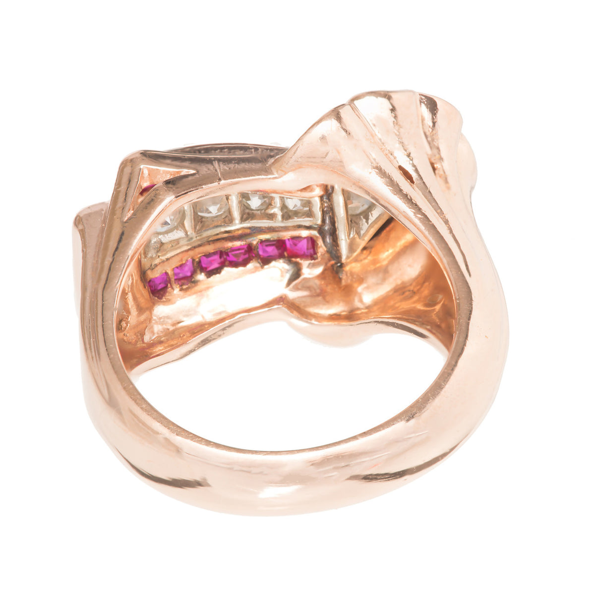 Ruby Diamond Rose White Gold Arrow Design Cocktail Ring circa 1930s – image 4