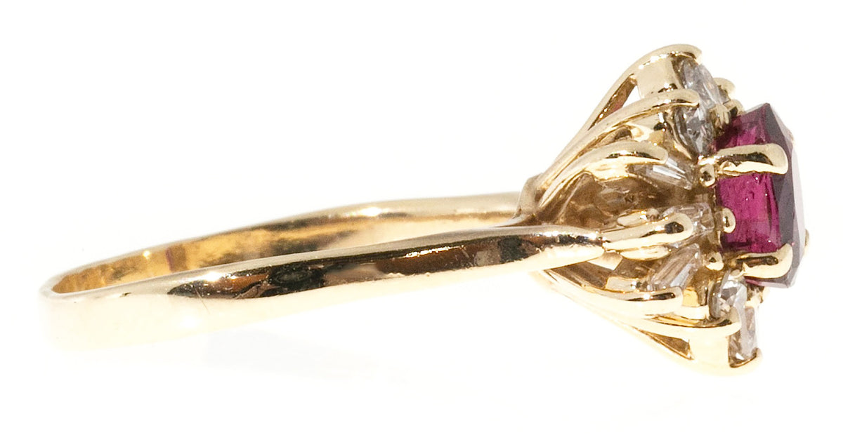 Estate 1960s 14k Princess Style Raised Baguette Full Diamond & Oval Ruby Ring – image 6