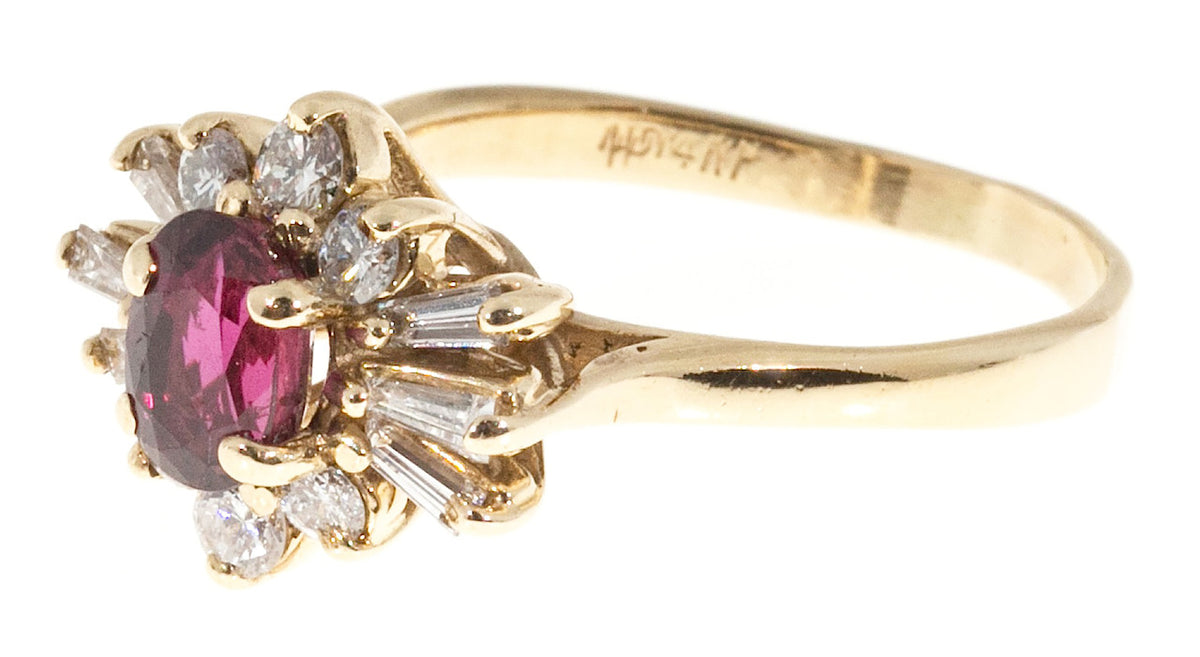 Estate 1960s 14k Princess Style Raised Baguette Full Diamond & Oval Ruby Ring – image 2