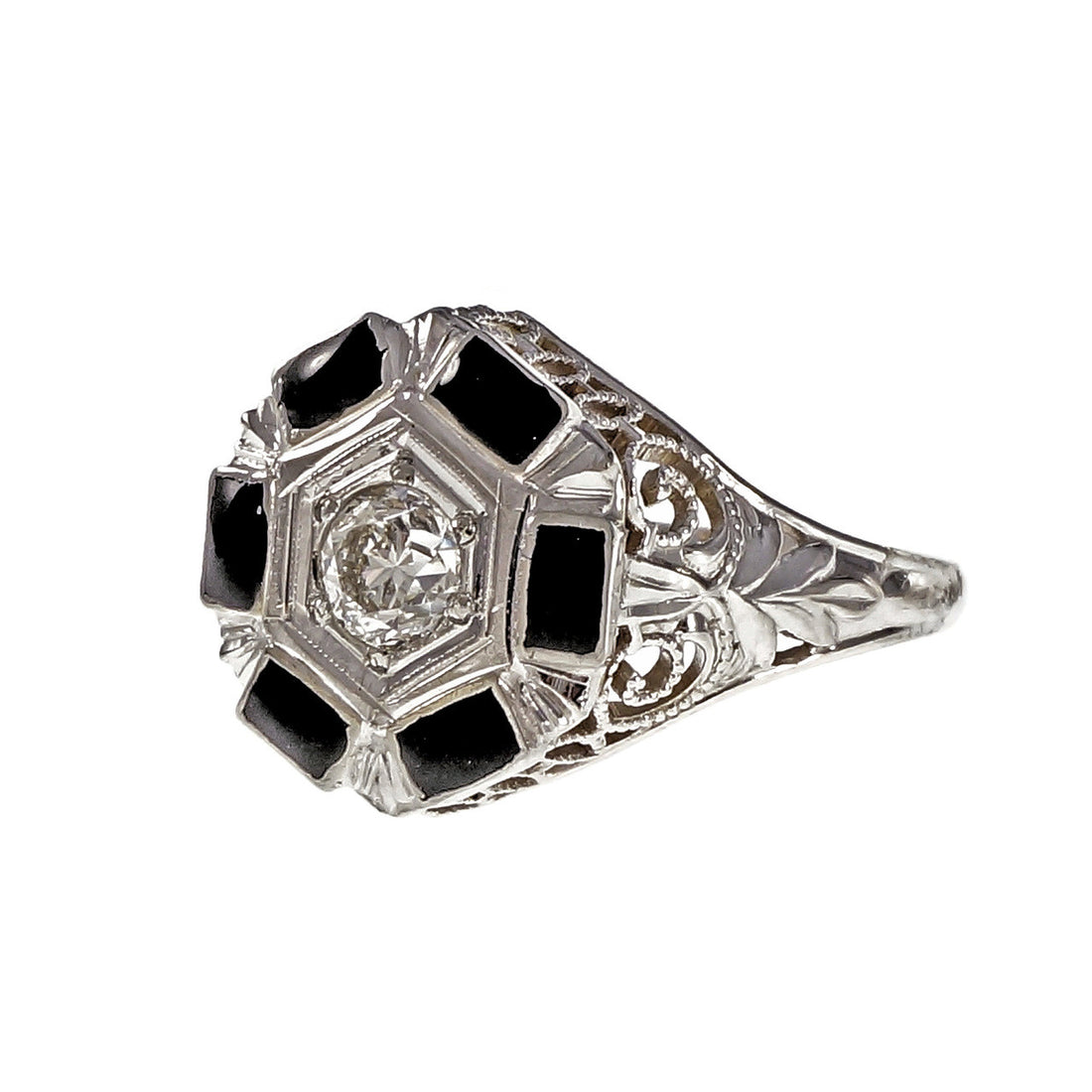 Art Deco 1930 Black Enamel Diamond Ring 18k White Gold – image 2