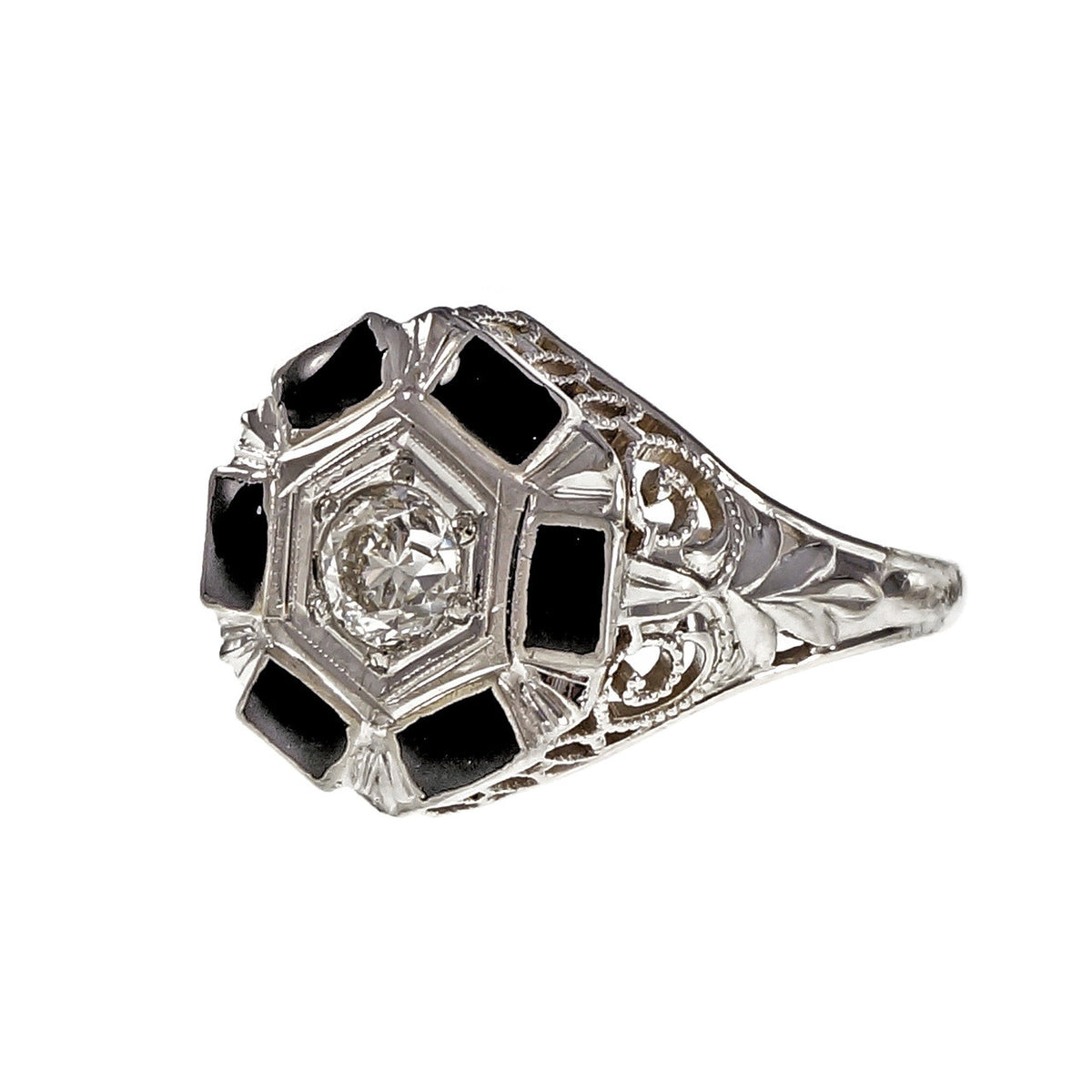 Art Deco 1930 Black Enamel Diamond Ring 18k White Gold – image 2