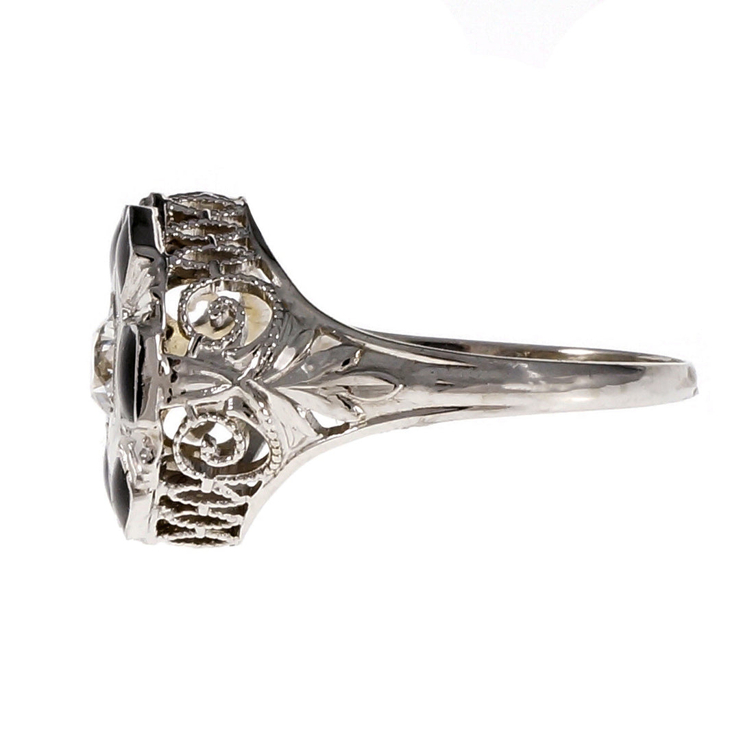 Art Deco 1930 Black Enamel Diamond Ring 18k White Gold – image 3