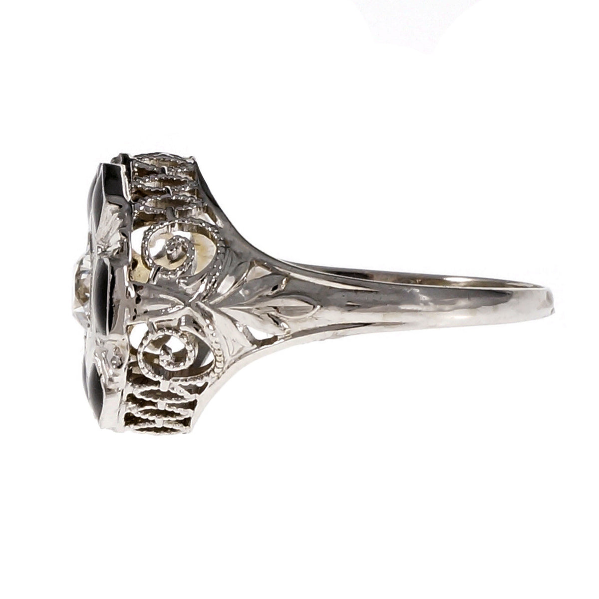 Art Deco 1930 Black Enamel Diamond Ring 18k White Gold – image 3
