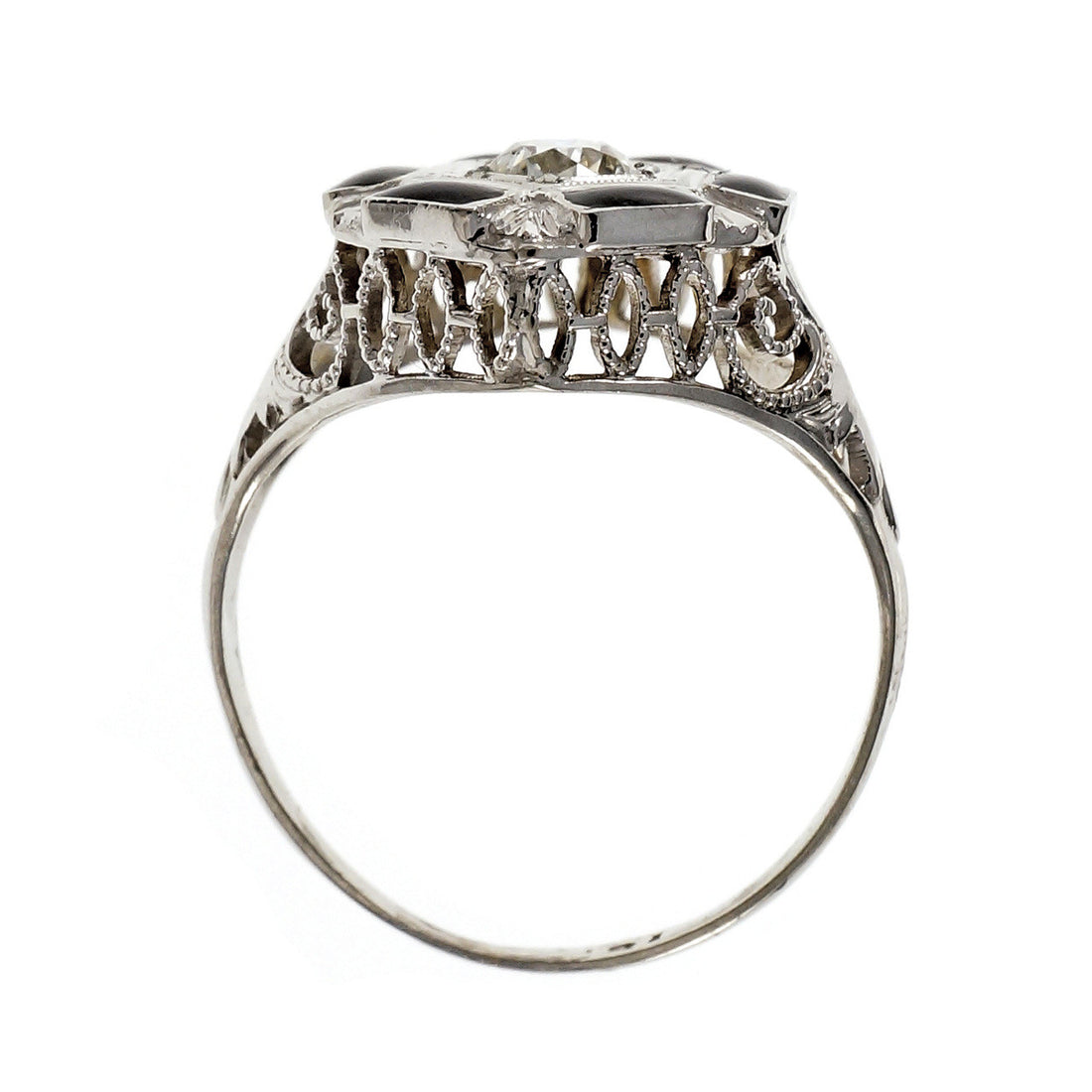 Art Deco 1930 Black Enamel Diamond Ring 18k White Gold – image 5