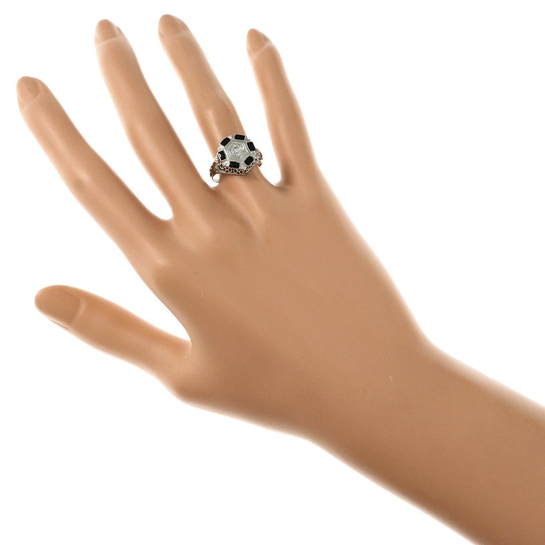 Art Deco 1930 Black Enamel Diamond Ring 18k White Gold – image 6