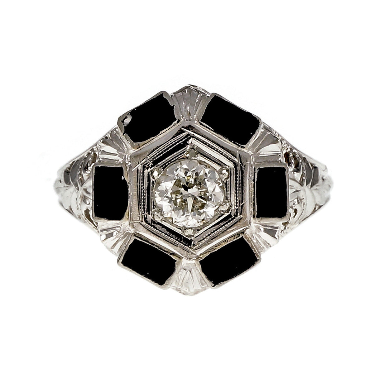 Art Deco 1930 Black Enamel Diamond Ring 18k White Gold