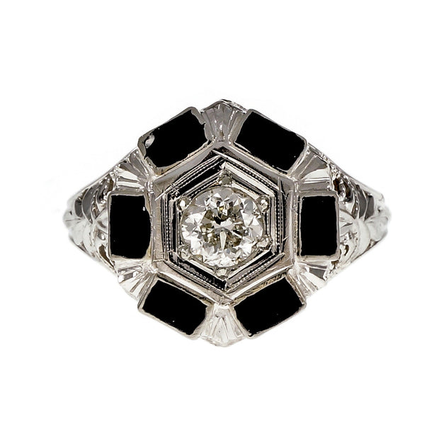 Art Deco 1930 Black Enamel Diamond Ring 18k White Gold