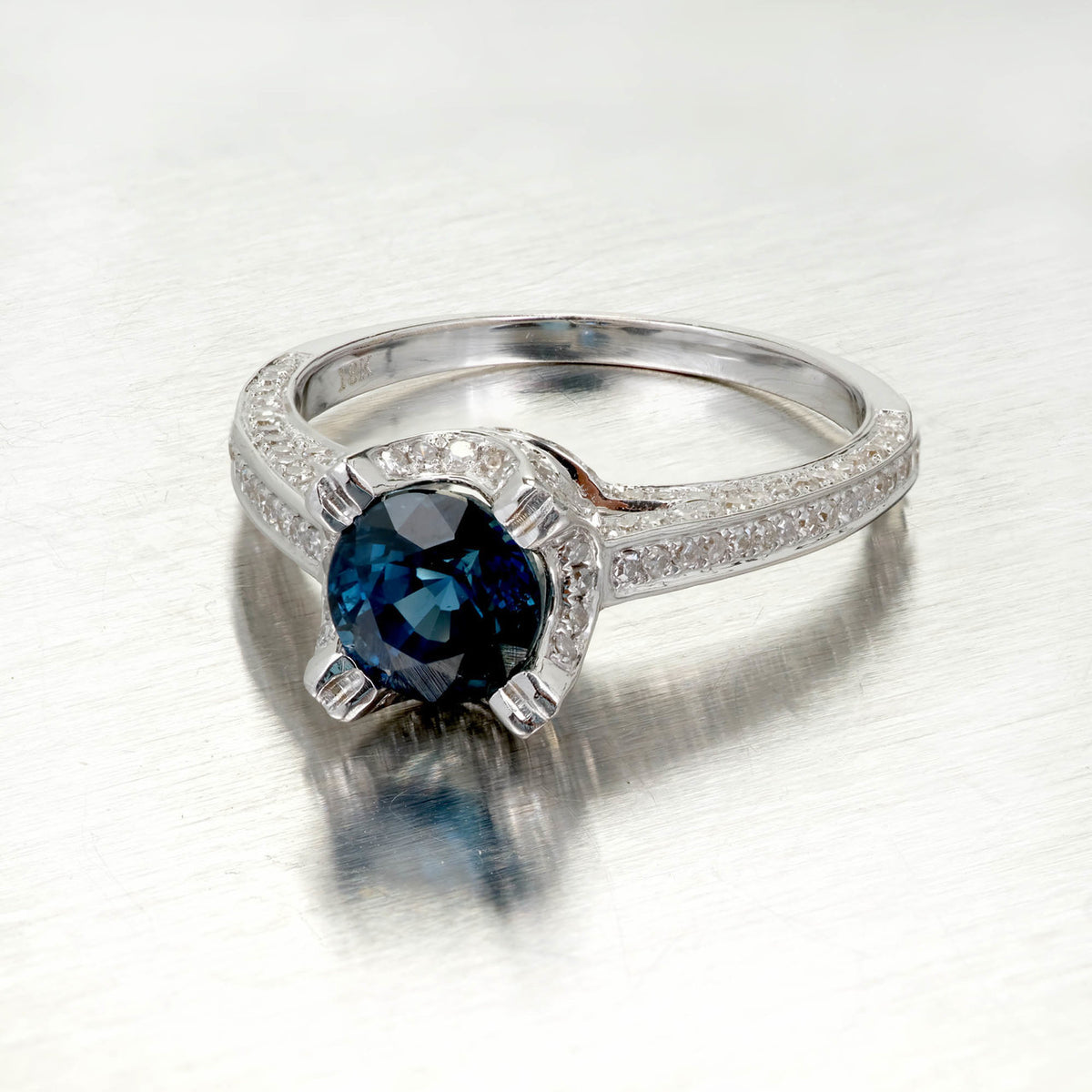 1.20 Carat Round Sapphire Micro Pavé Diamond Gold Engagement Ring – image 7