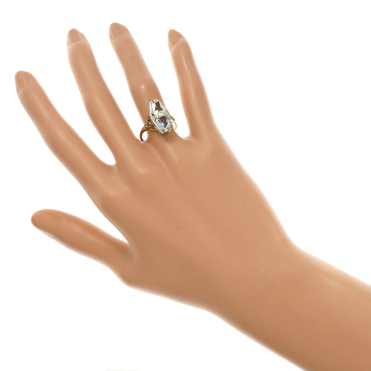 Vintage 1940 Kite Shaped Aqua Ring White Gold Diamond – image 6