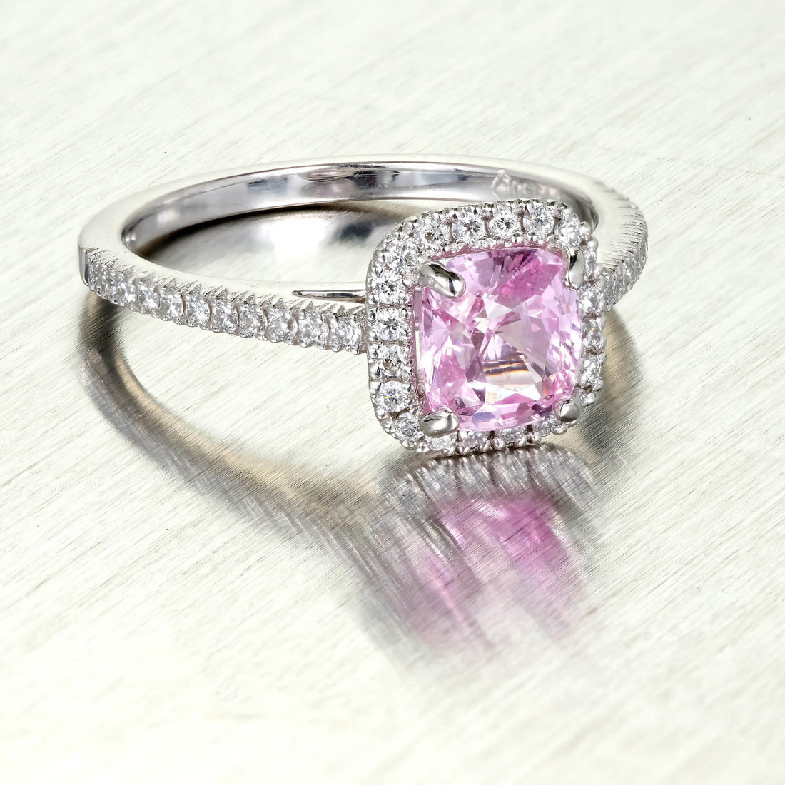 Cushion Cut Pink Sapphire Platinum Halo Diamond Engagement Ring – image 10