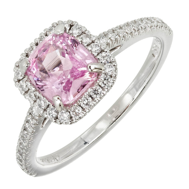 Cushion Cut Pink Sapphire Platinum Halo Diamond Engagement Ring