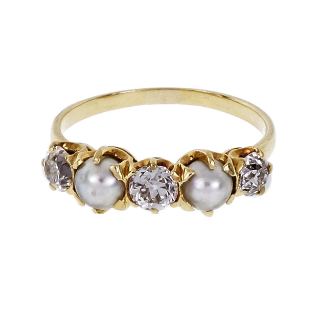 Victorian 1890 Natural Pearl Ring Old Mine Diamonds 18k Yellow Gold