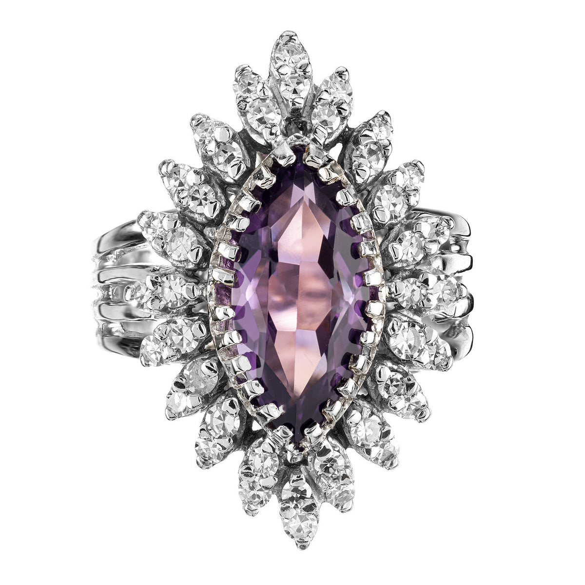 2.50 Carat Marquise Amethyst Diamond Halo Gold Cocktail Ring