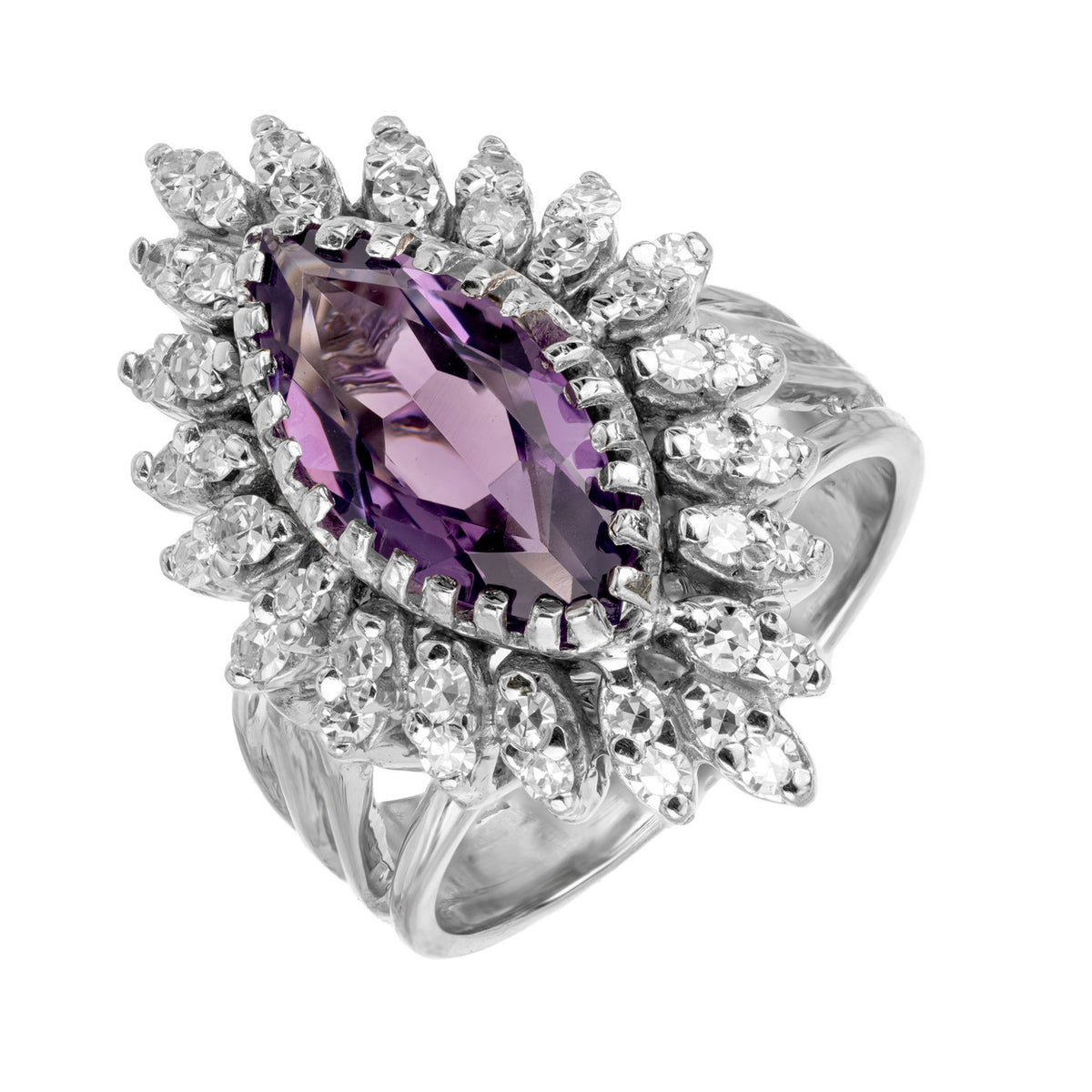 2.50 Carat Marquise Amethyst Diamond Halo Gold Cocktail Ring – image 2