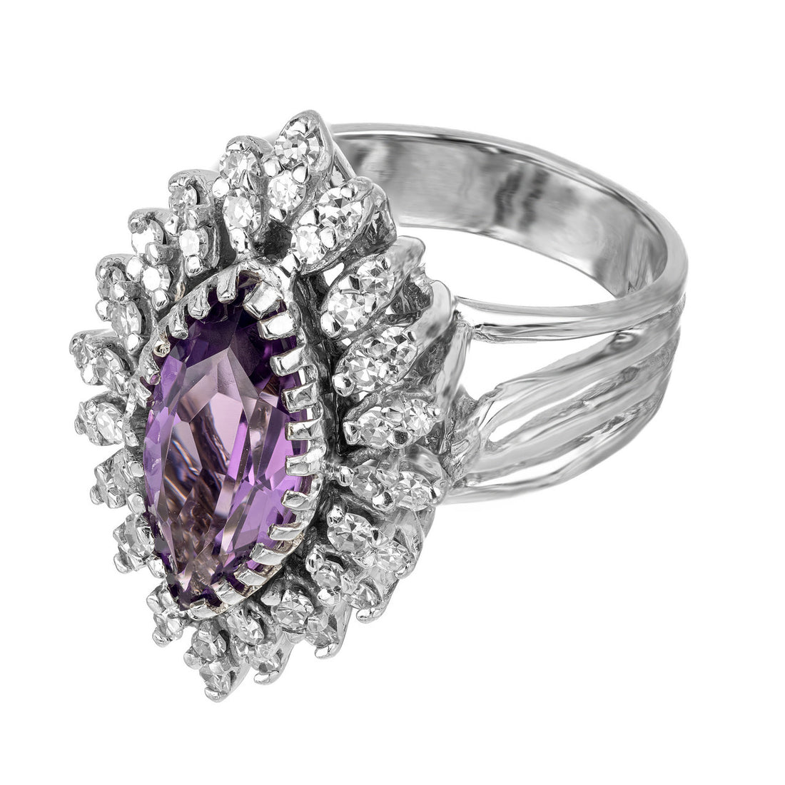 2.50 Carat Marquise Amethyst Diamond Halo Gold Cocktail Ring – image 3