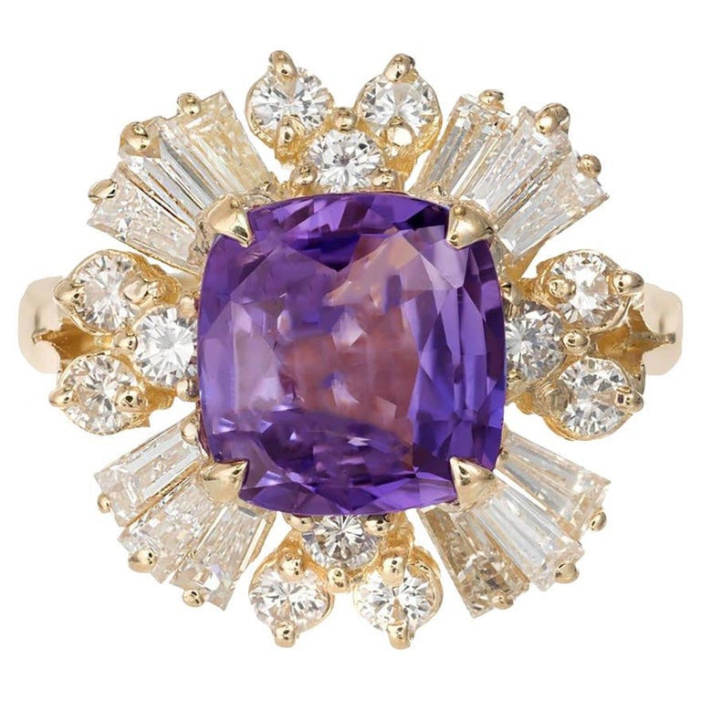 GIA 3.45 Carat Cushion Sapphire Diamond Halo Color Change Gold Engagement Ring