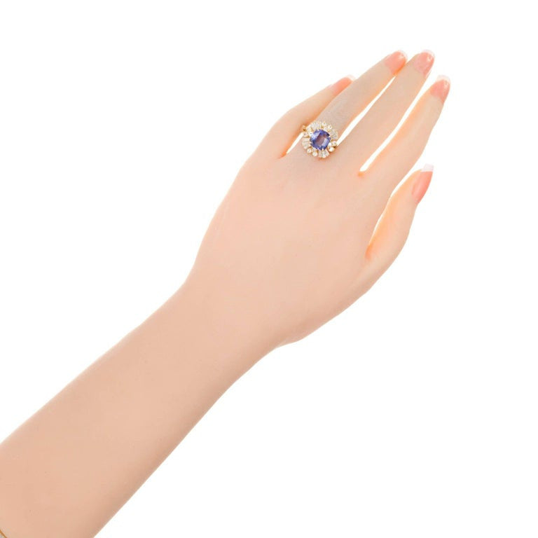 GIA 3.45 Carat Cushion Sapphire Diamond Halo Color Change Gold Engagement Ring – image 5