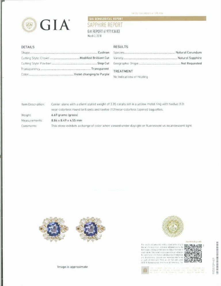GIA 3.45 Carat Cushion Sapphire Diamond Halo Color Change Gold Engagement Ring – image 3