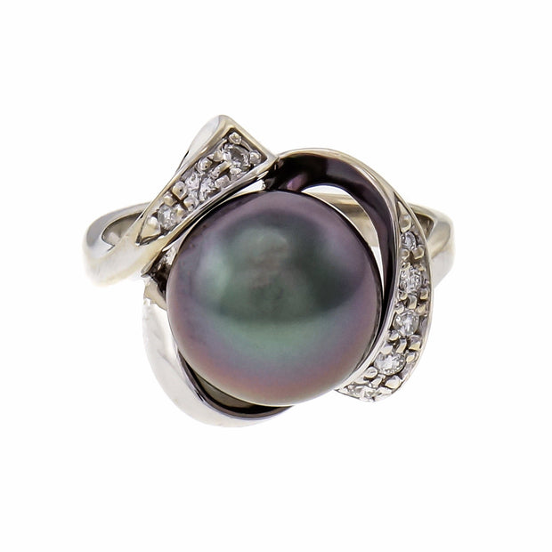 Black South Sea Cultured Pearl Ring 14k White Gold Diamond