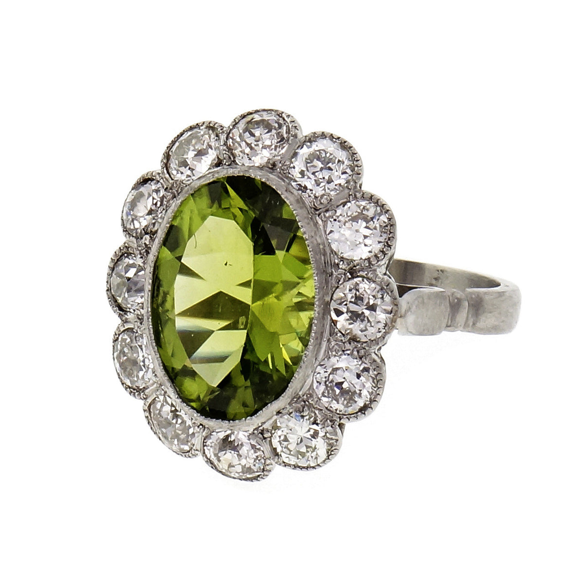 Vintage 1920 Oval Peridot Old European Diamond Ring Platinum – image 2