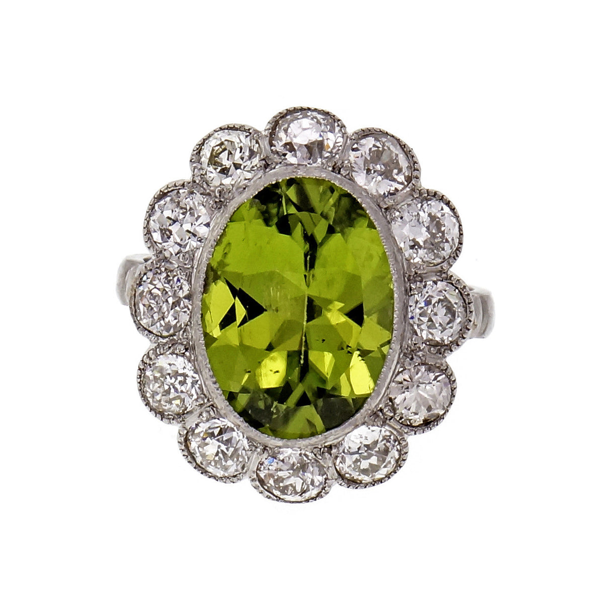 Vintage 1920 Oval Peridot Old European Diamond Ring Platinum