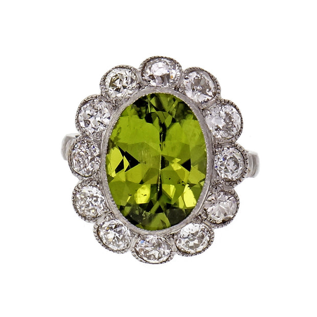 Vintage 1920 Oval Peridot Old European Diamond Ring Platinum