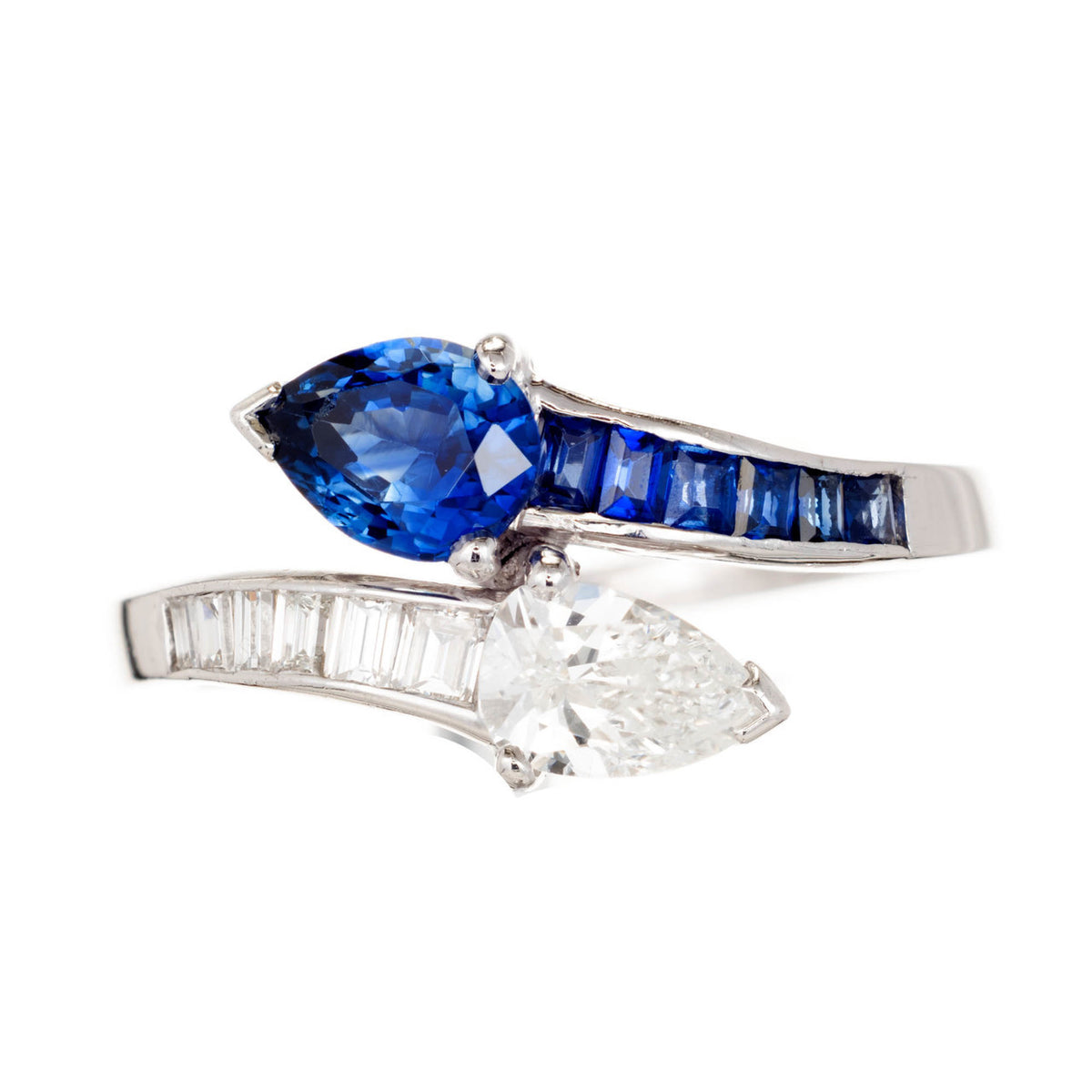 GIA Certified Pear Sapphire Diamond Swirl Bypass Platinum Cocktail Ring – image 2