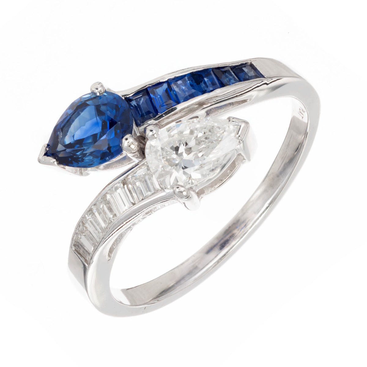 GIA Certified Pear Sapphire Diamond Swirl Bypass Platinum Cocktail Ring