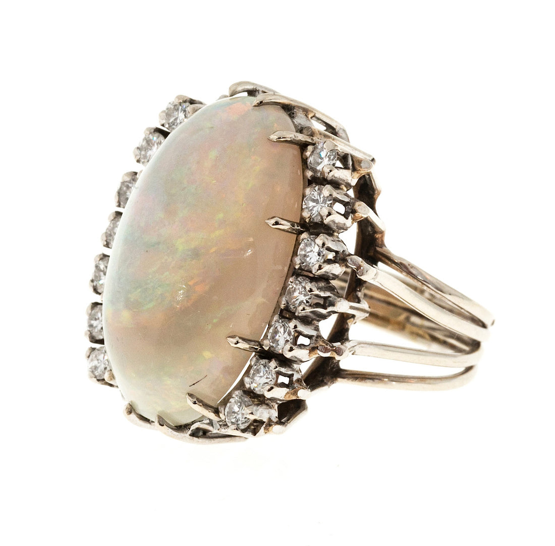 Estate 14k White Gold Fine 10ct Opal & Round Diamond Ring – image 9