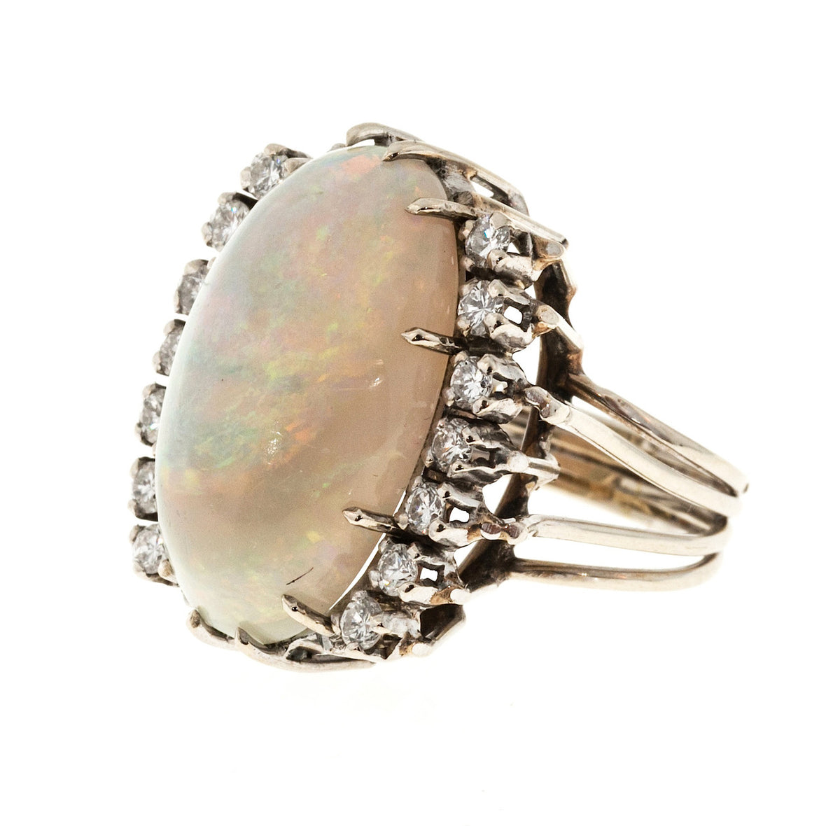 Estate 14k White Gold Fine 10ct Opal & Round Diamond Ring – image 9