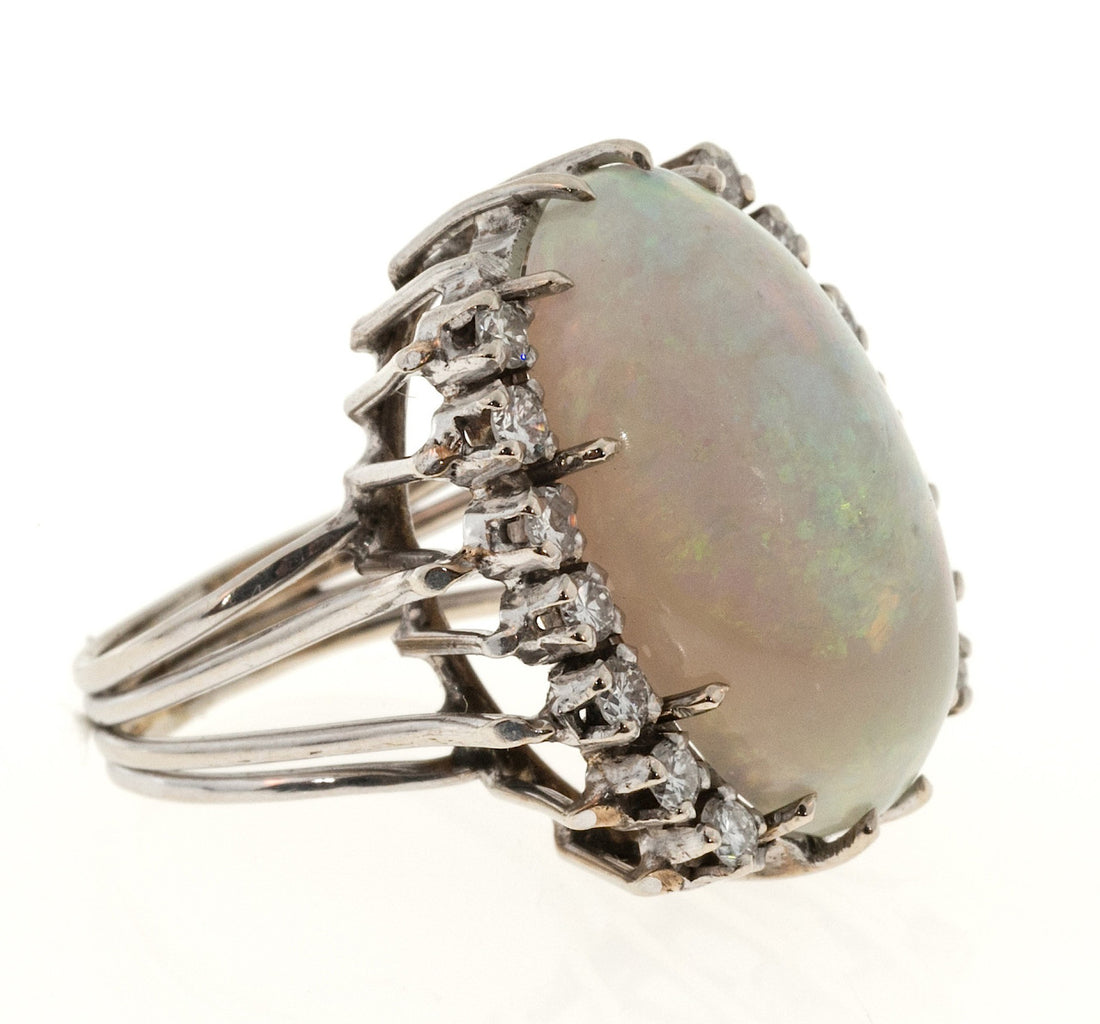Estate 14k White Gold Fine 10ct Opal & Round Diamond Ring – image 11