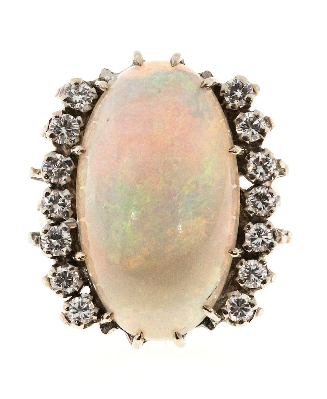 Estate 14k White Gold Fine 10ct Opal & Round Diamond Ring
