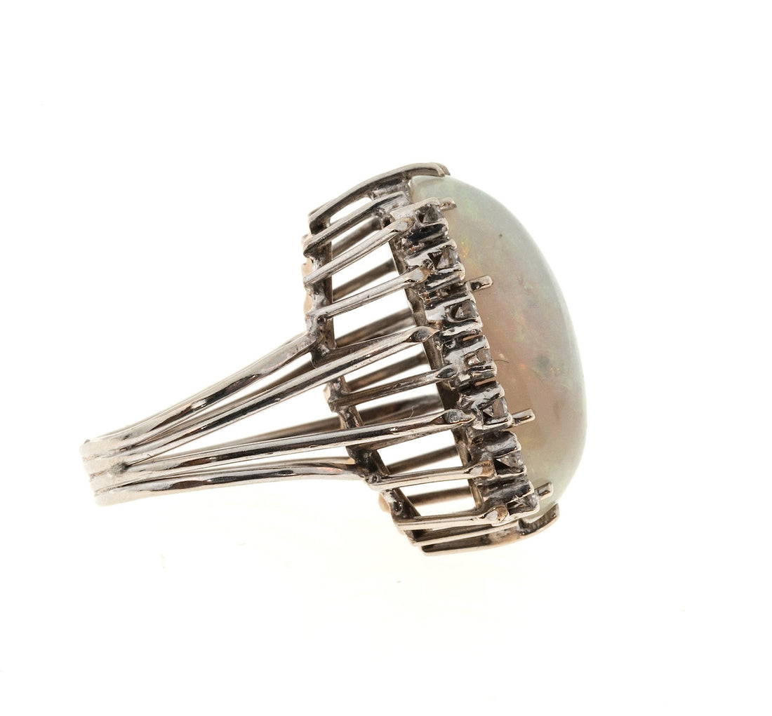 Estate 14k White Gold Fine 10ct Opal & Round Diamond Ring – image 8