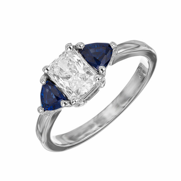 GIA .76 Carat Radiant Cut Diamond Sapphire Platinum Three-Stone Engagement Ring