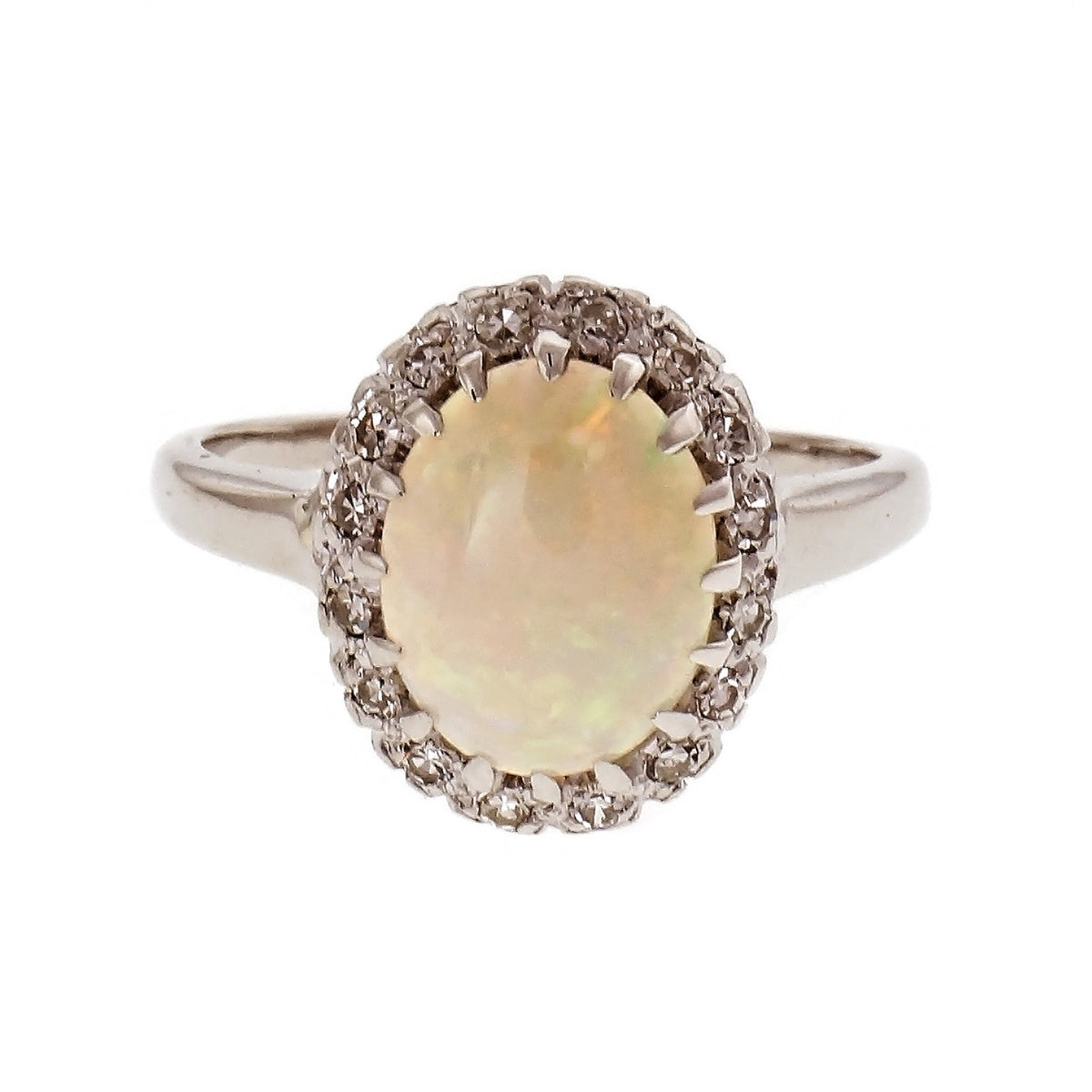 Fine Oval Opal Diamond Halo Ring 14k White Gold