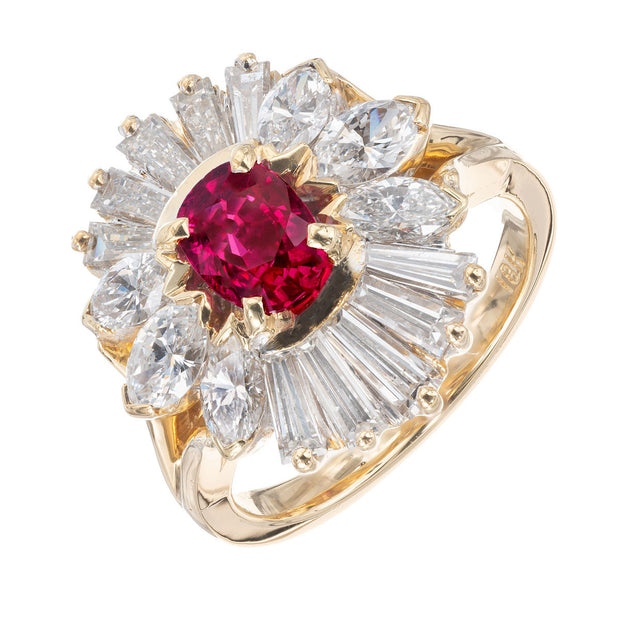 GIA Certified .80 Carat Ruby Diamond 18k Yellow Gold Cocktail Ring