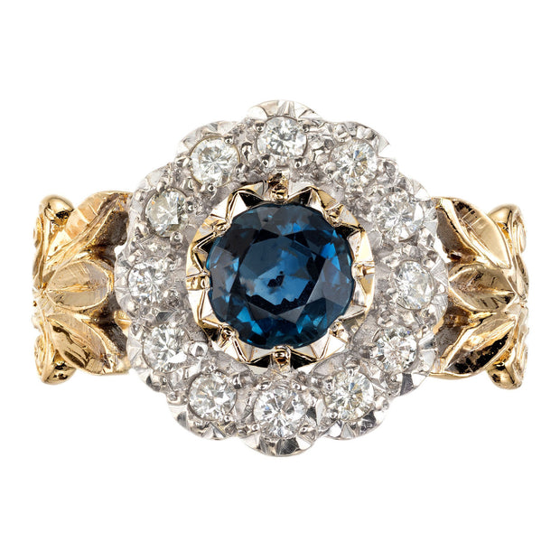 .50 Carat Sapphire Diamond Halo Flower Gold Engagement Ring