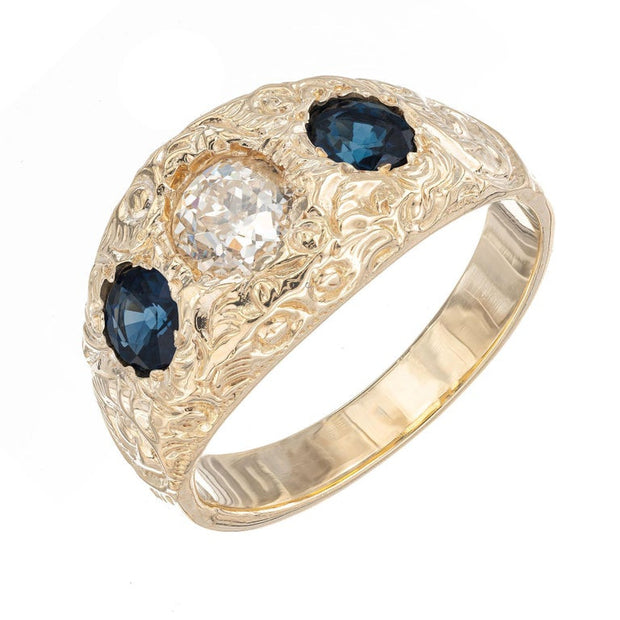 EGL Certified 1.00 Carat Diamond Sapphire Three-Stone Yellow Gold Ring