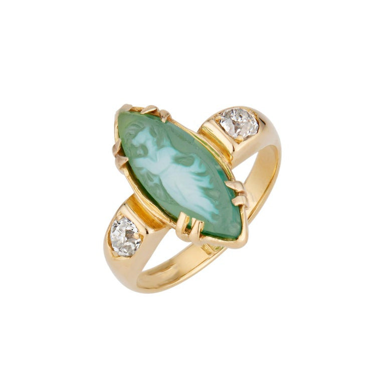 Green Agate Diamond Diamond Yellow Gold Cameo Three-Stone Ring – image 2