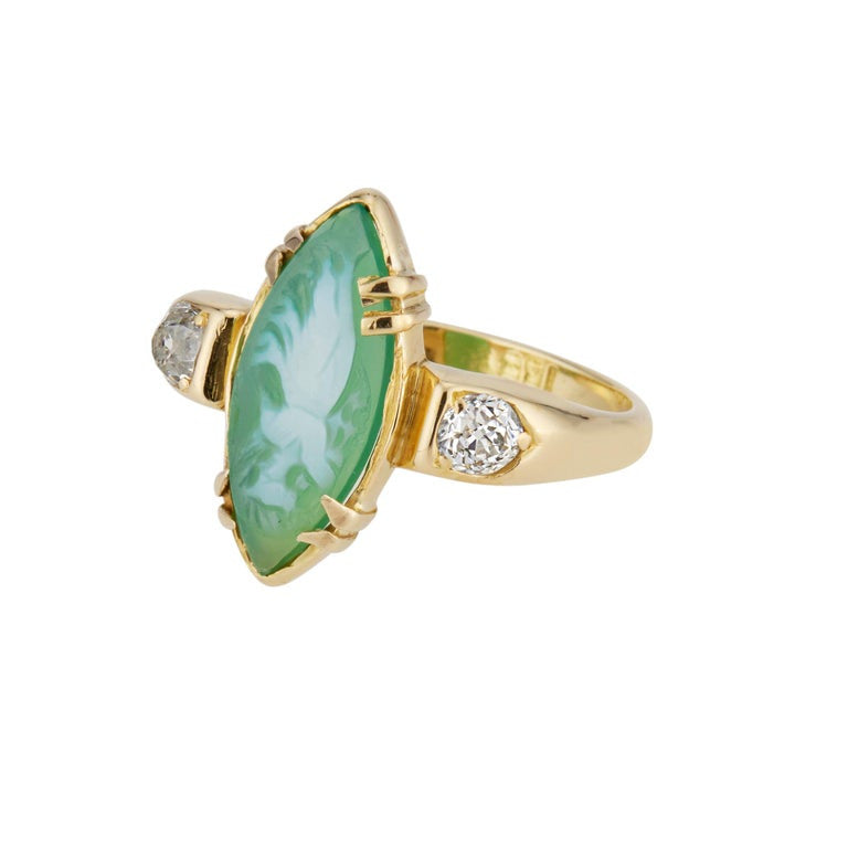 Green Agate Diamond Diamond Yellow Gold Cameo Three-Stone Ring – image 3