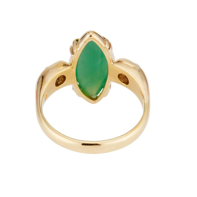 Green Agate Diamond Diamond Yellow Gold Cameo Three-Stone Ring – image 4