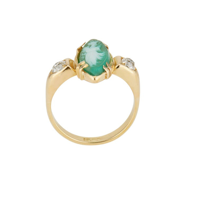 Green Agate Diamond Diamond Yellow Gold Cameo Three-Stone Ring – image 5